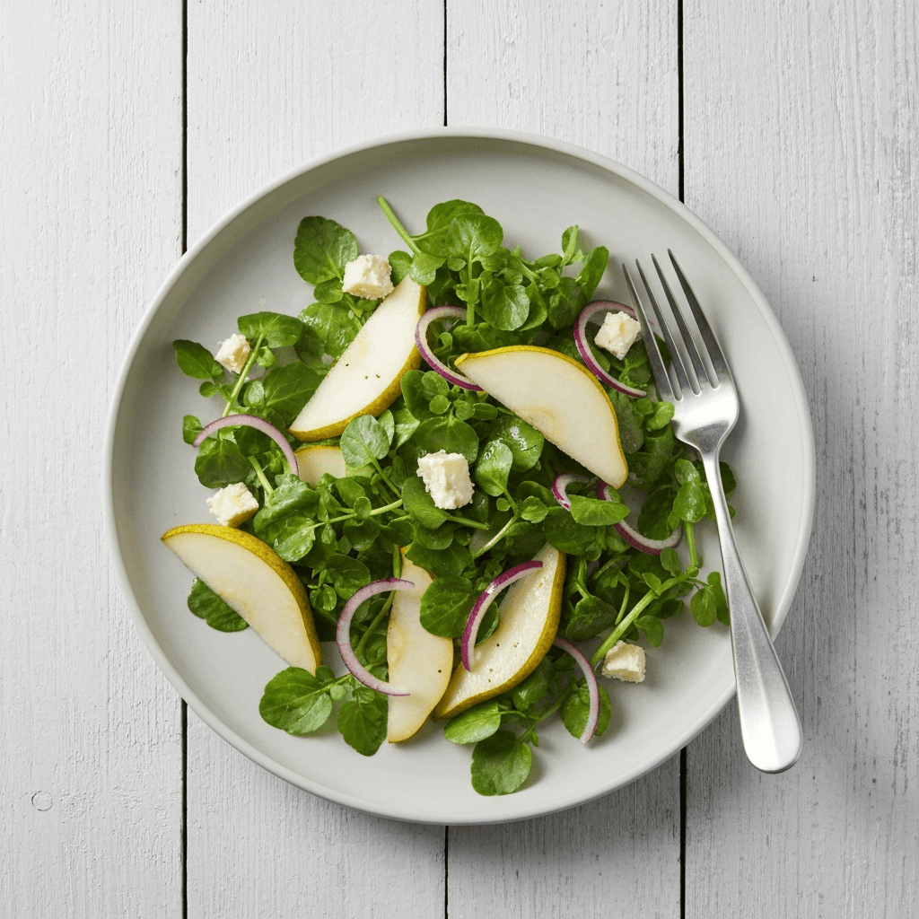 Watercress and Pear Salad with Stilton Crumbles and Sherry Vinaigrette