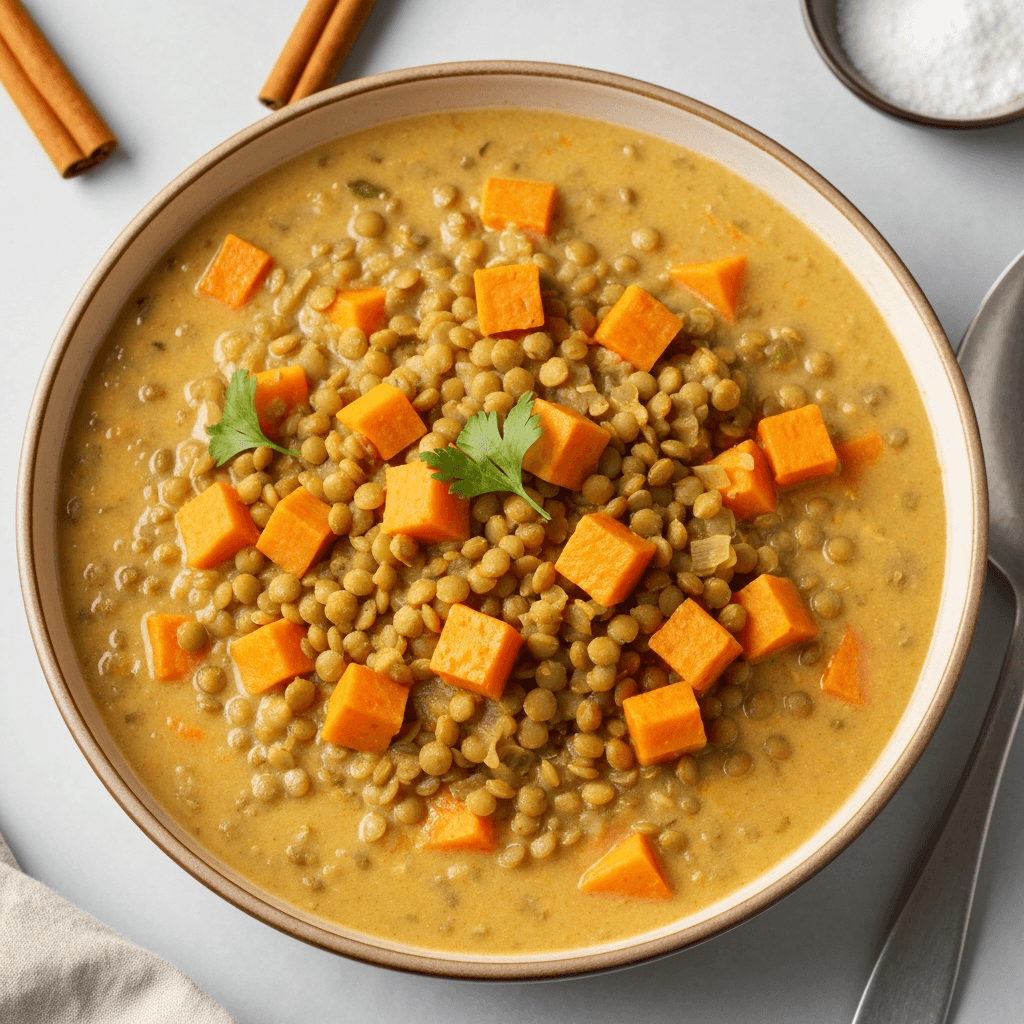 Tagine-Spiced Sweet Potato and Lentil Soup with Coconut Milk