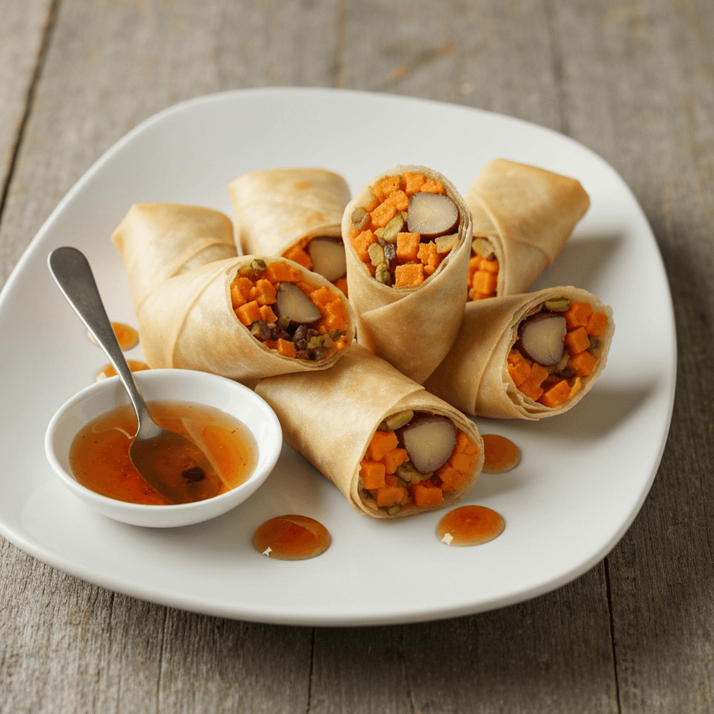 Sweet Potato and Chestnut Spring Rolls with Maple Syrup Dip