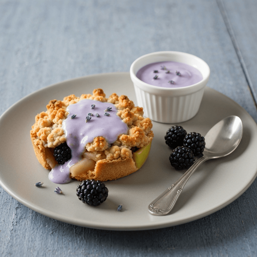 Jersey Apple and Blackberry Crumble with Lavender Custard