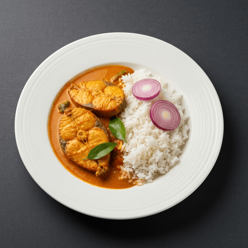 Goan Fish Curry with Coconut Rice and Pickled Onions