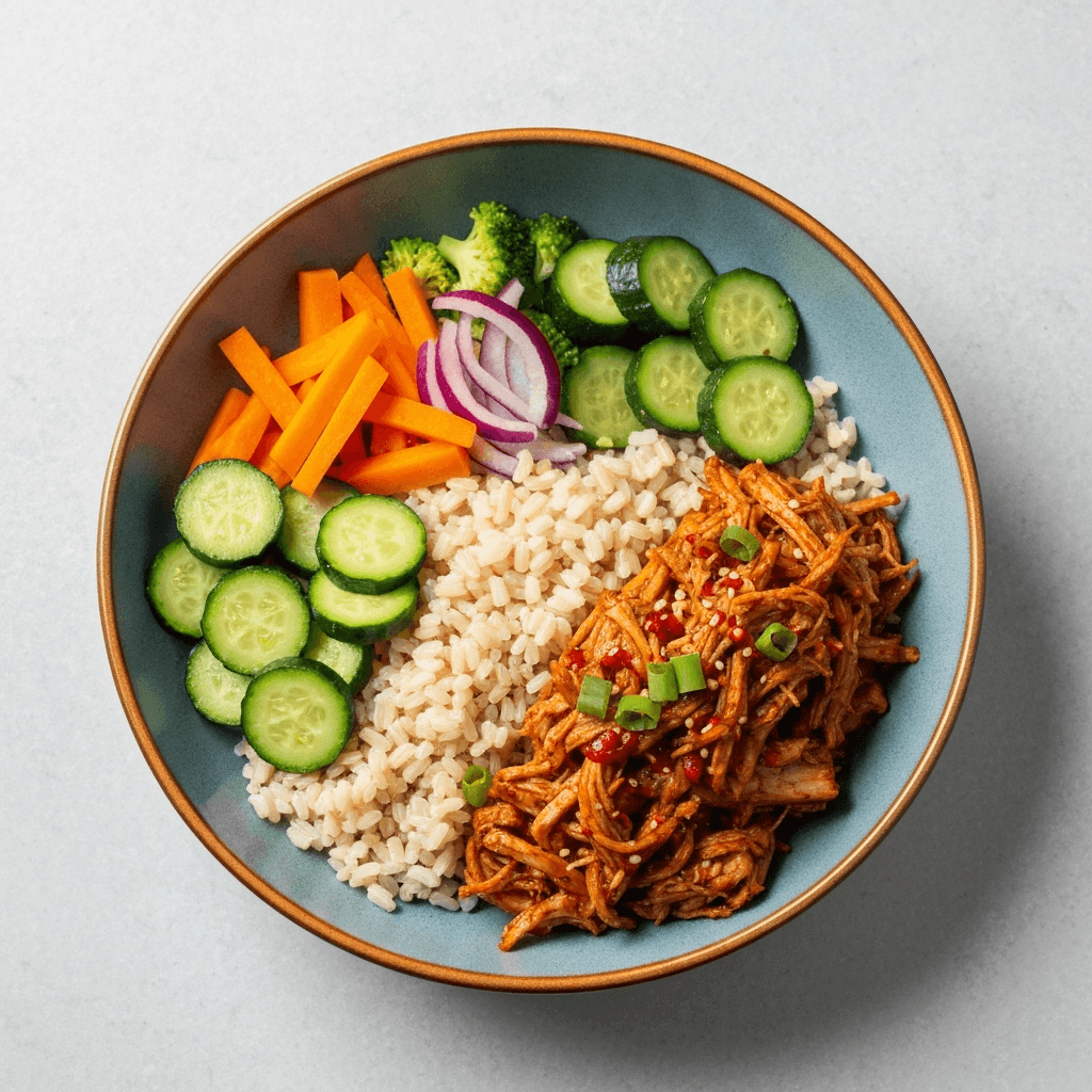 Vegan Korean BBQ Jackfruit Bowls with Brown Rice and Vegetables