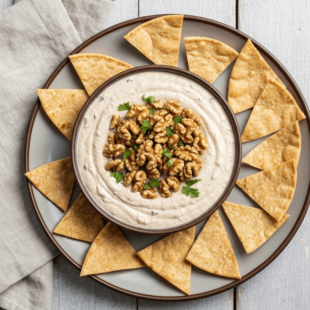 Roasted Red Pepper and Walnut Dip with Pita Chips