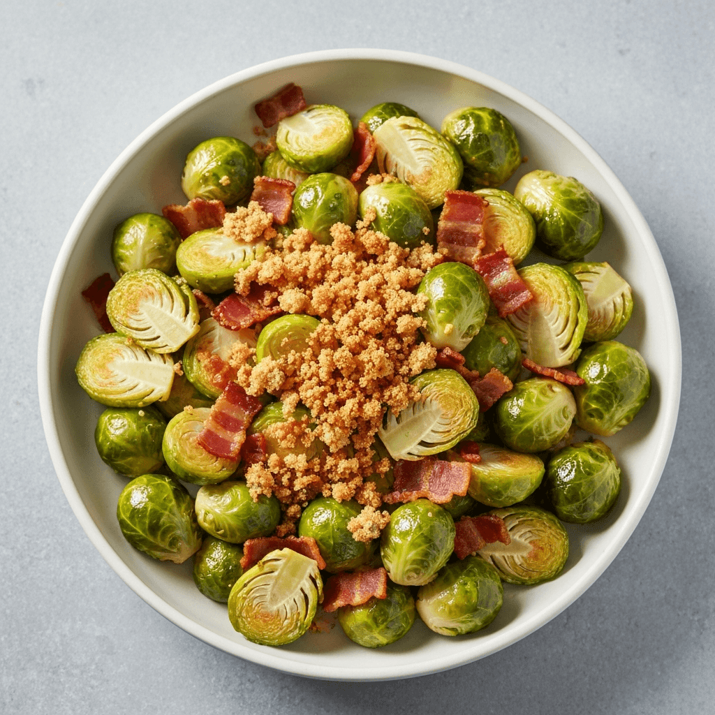 Creamy Jersey Brussels Sprouts with Bacon and Toasted Breadcrumbs