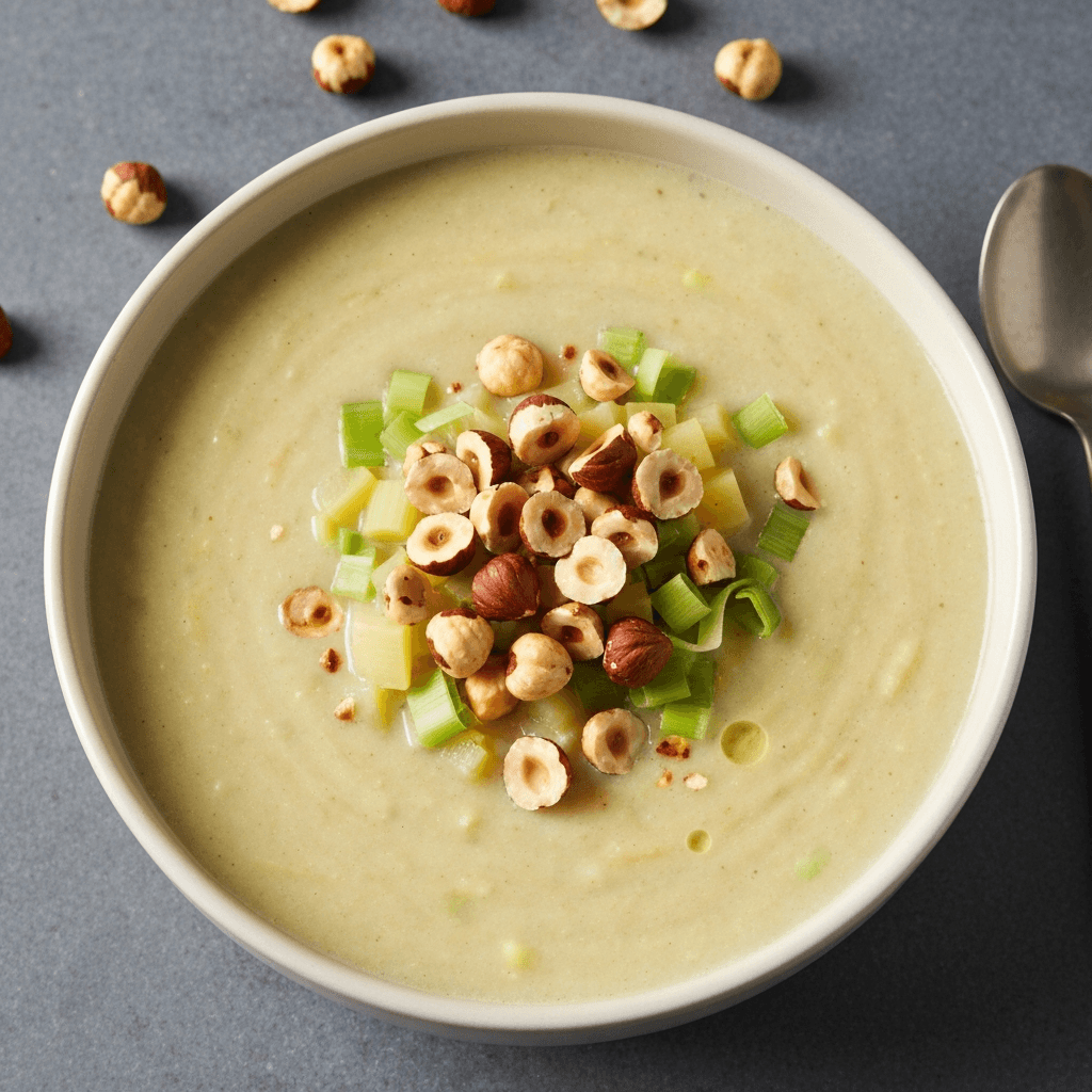 Creamy Leek and Parsnip Soup with Toasted Hazelnuts
