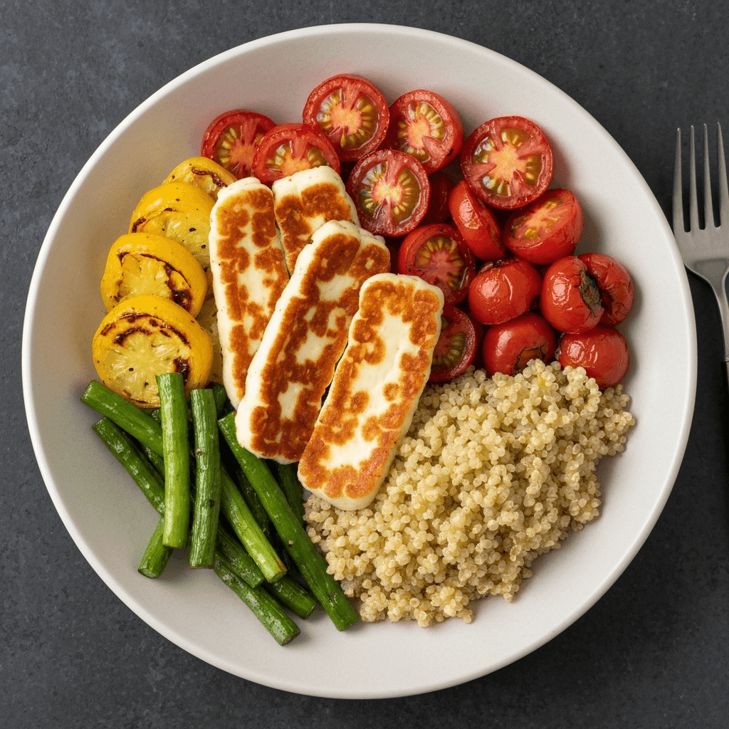 Roasted Vegetable and Halloumi Bowl with Lemon-Herb Quinoa