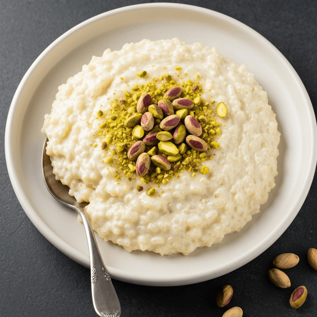 Moroccan Tagine-Spiced Rice Pudding with Pistachios and Rosewater