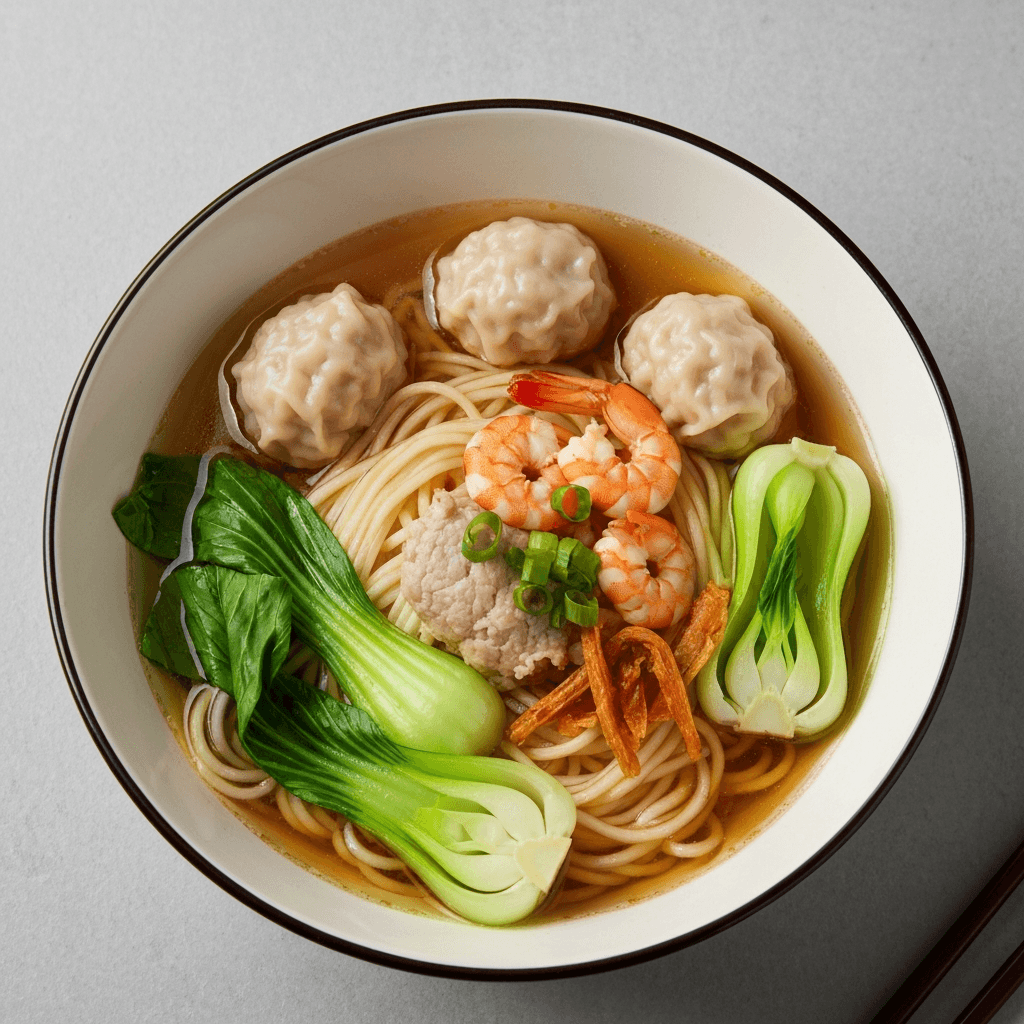 Pork and Shrimp Wonton Noodle Soup with Bok Choy