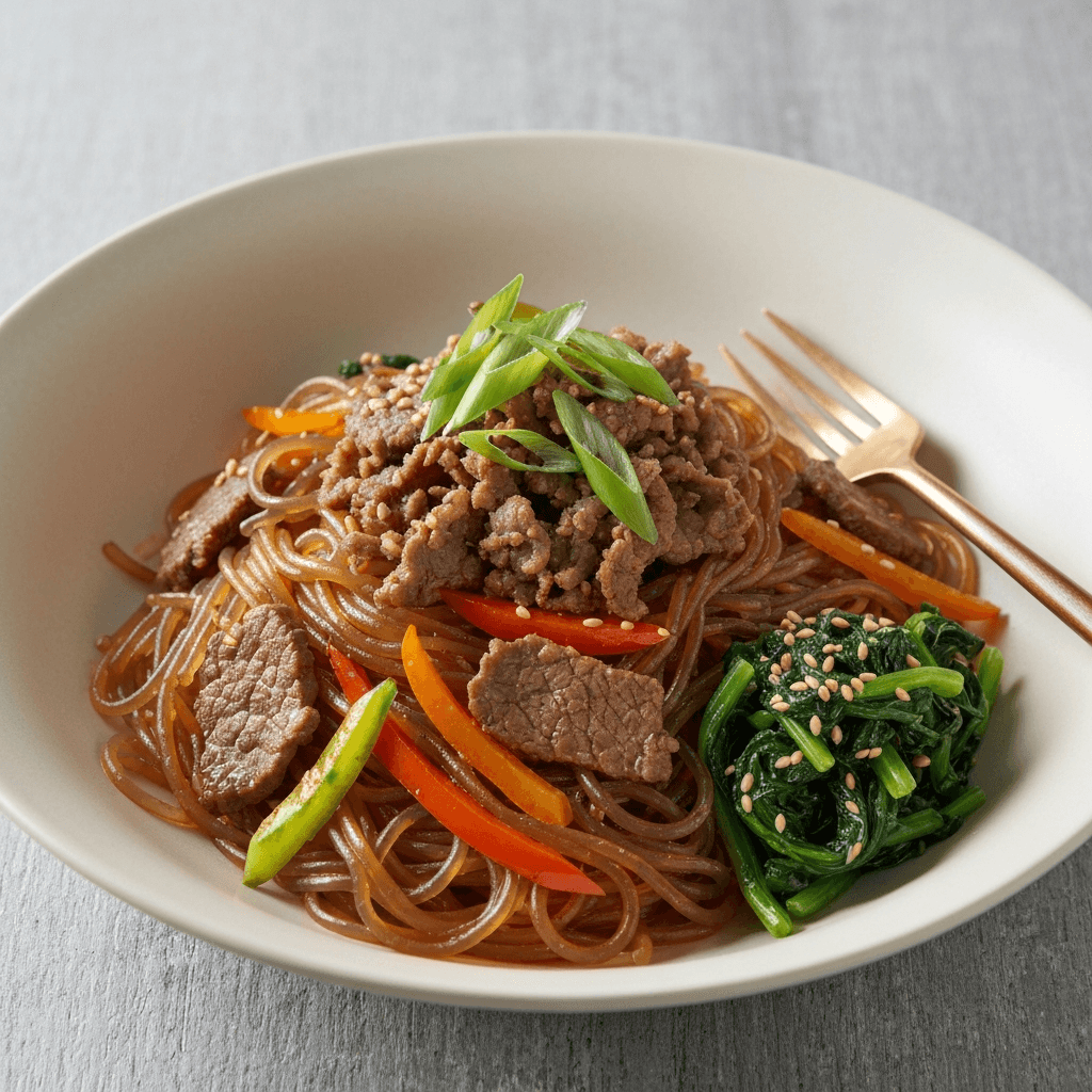 Korean Japchae Noodle Stir-fry with Bulgogi and Sesame Spinach