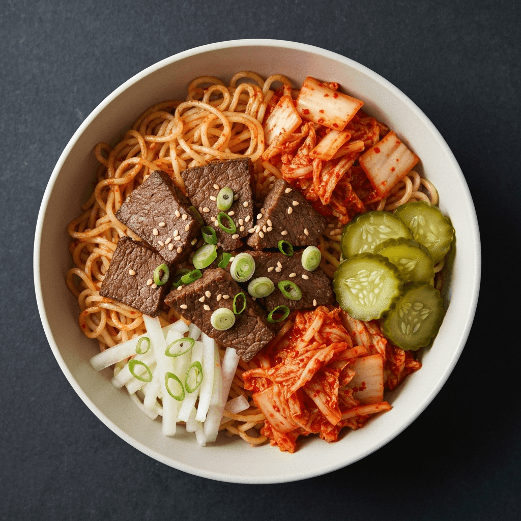 Korean BBQ Beef Noodle Bowl with Kimchi and Pickled Vegetables