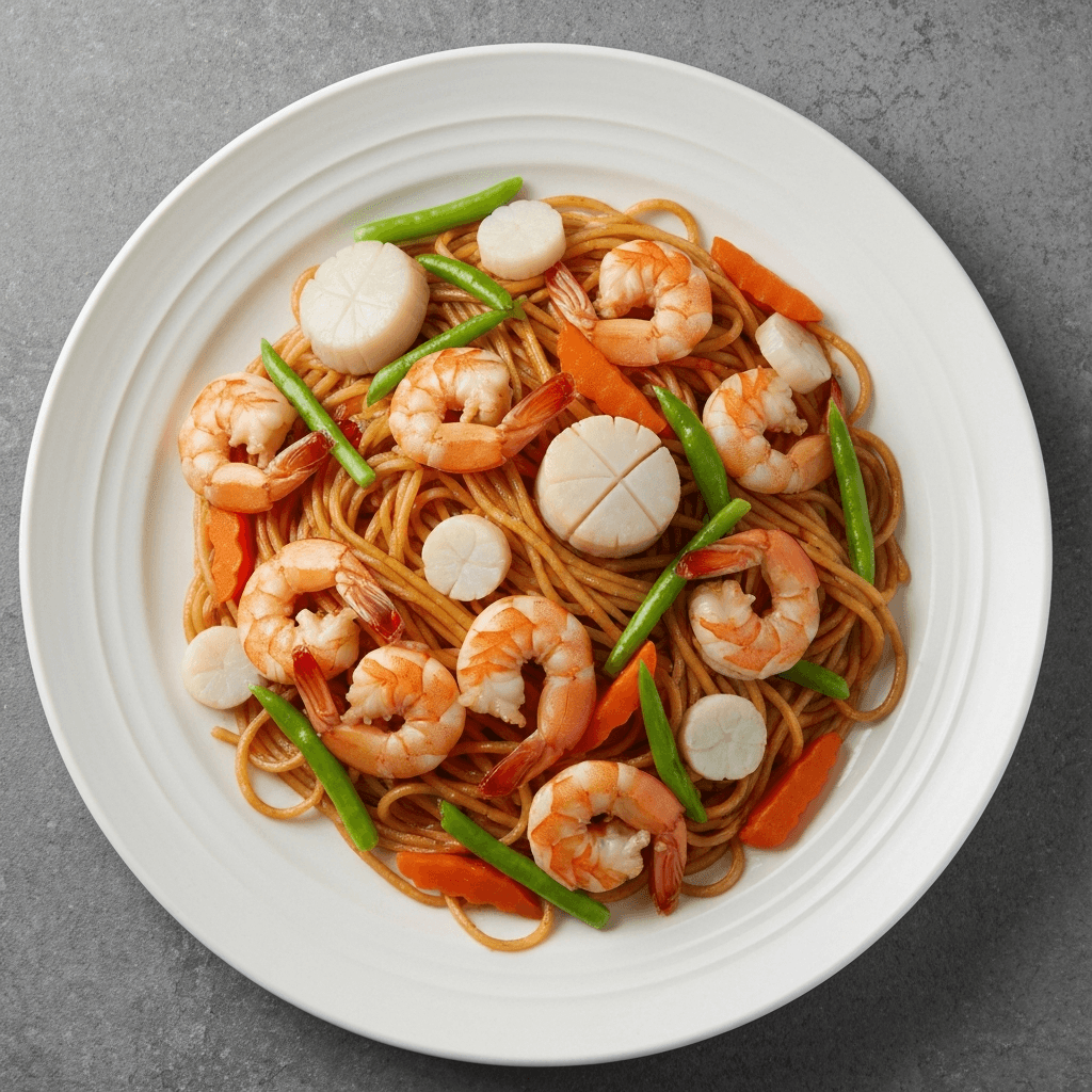 Stir-Fried Longevity Noodles with Shrimp, Scallops, and Christmas Vegetables