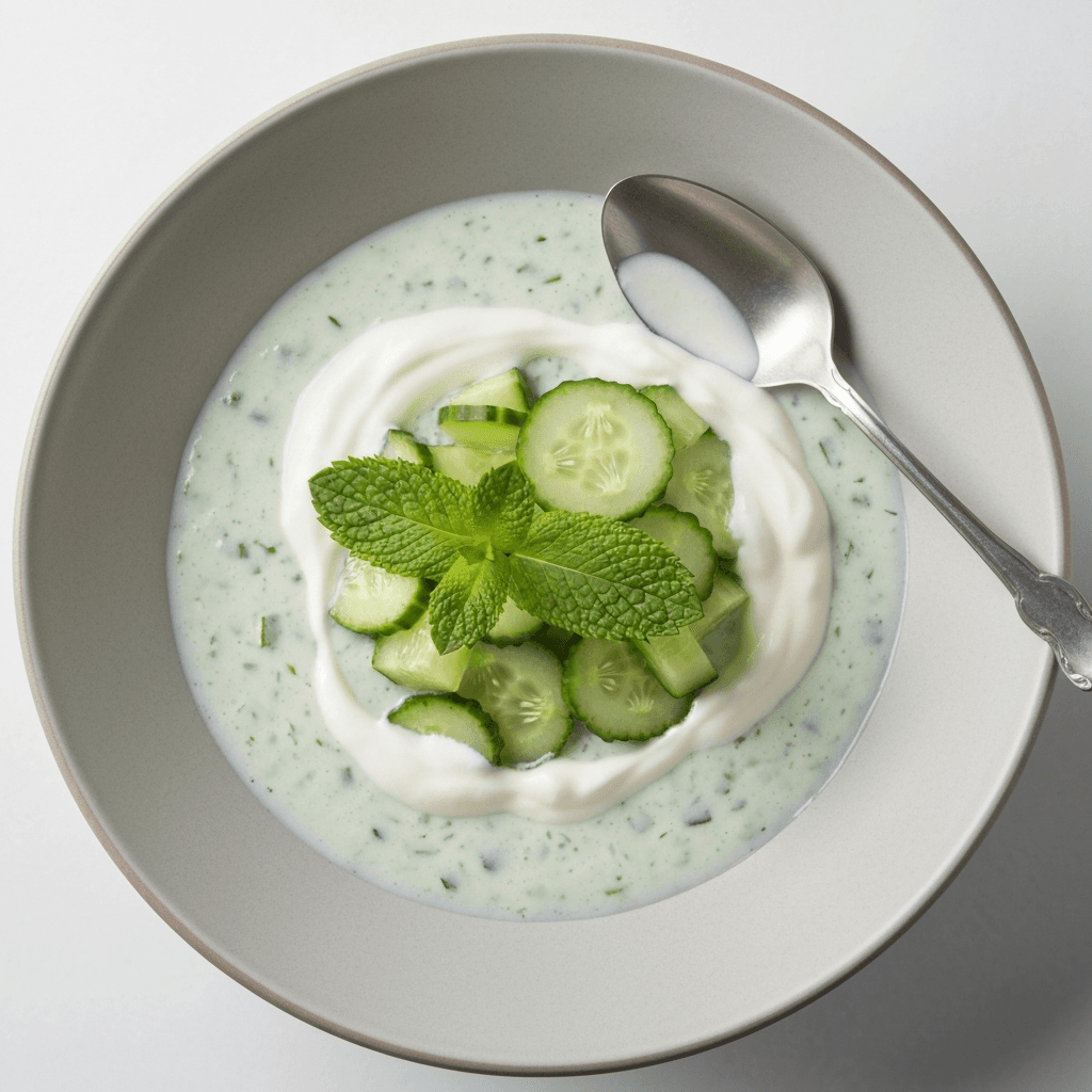 Chilled Cucumber and Mint Soup with Greek Yogurt Swirl