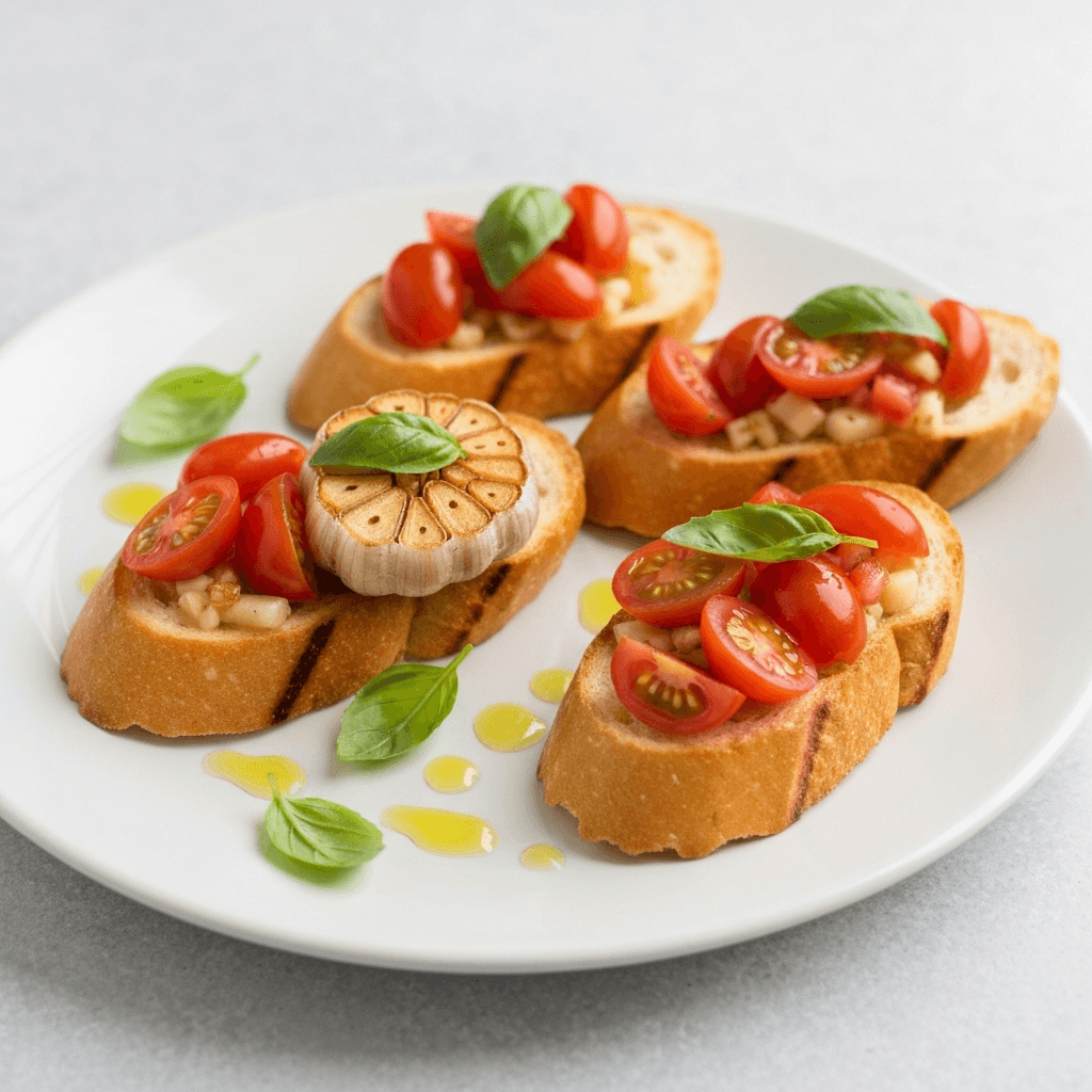 Pampushky Bruschetta with Roasted Garlic and Tomato