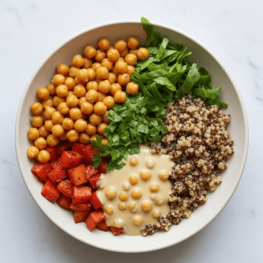 Roasted Vegetable & Chickpea Quinoa Bowl with Tahini Dressing