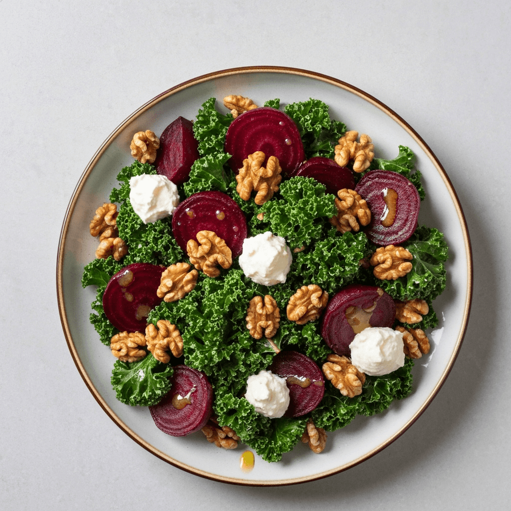 Warm Kale and Beetroot Salad with Jersey Goat Cheese