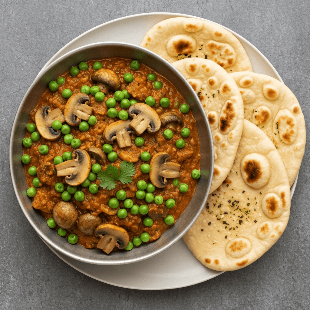 Mushroom and Pea Curry (Mutter Mushroom) with Garlic Naan