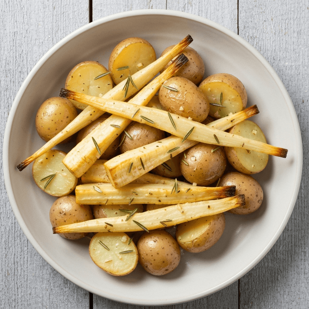 Roasted Parsnips and Jersey Royals with Rosemary and Garlic