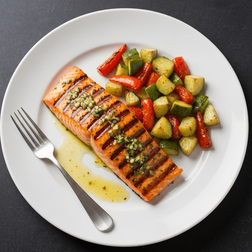Grilled Garlic and Herb Salmon with Roasted Vegetables