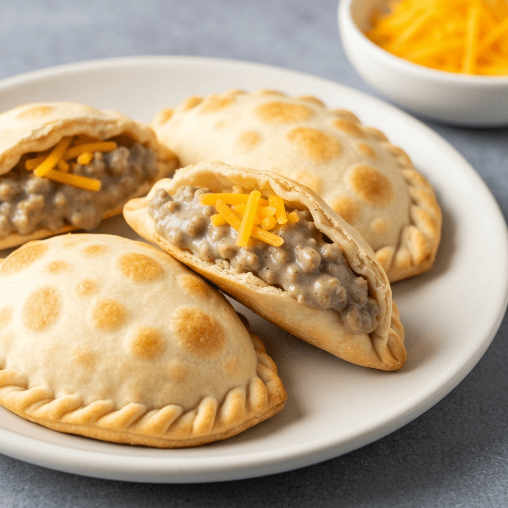 Breakfast Empanadas with Sausage Gravy and Cheddar Cheese