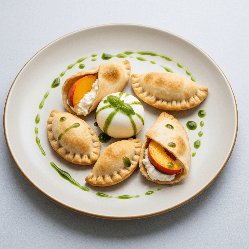 Peach & Burrata Empanadas with Basil Oil