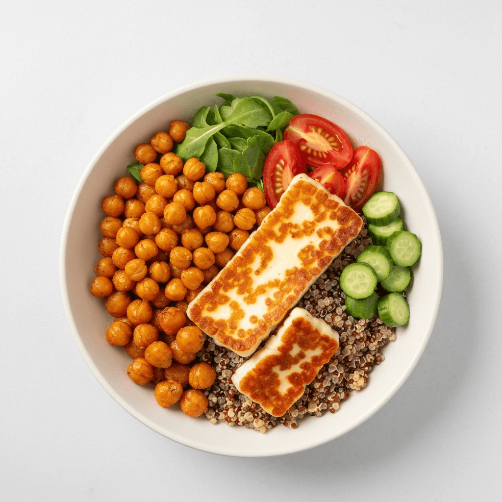 Quinoa Bowl with Roasted Chickpeas and Halloumi