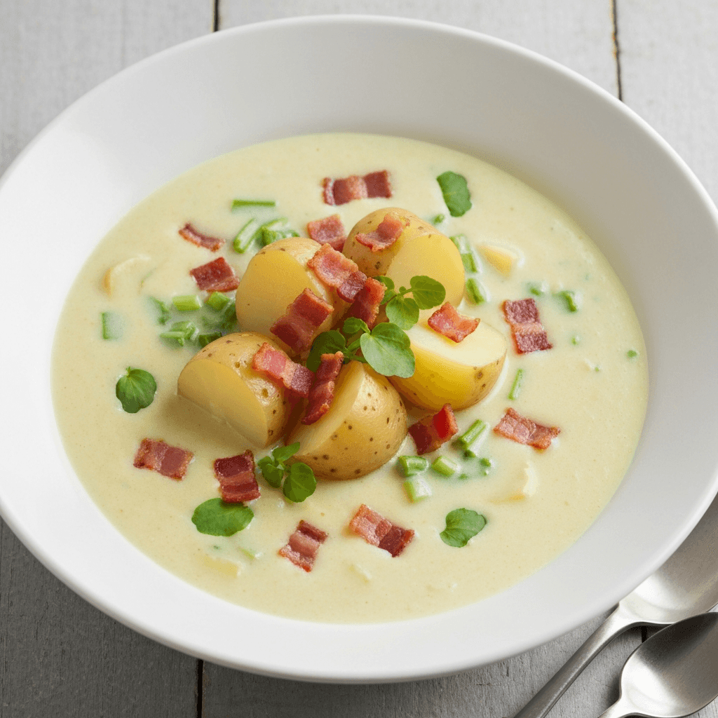 Jersey Royal Potato and Watercress Soup with Crispy Bacon Bits