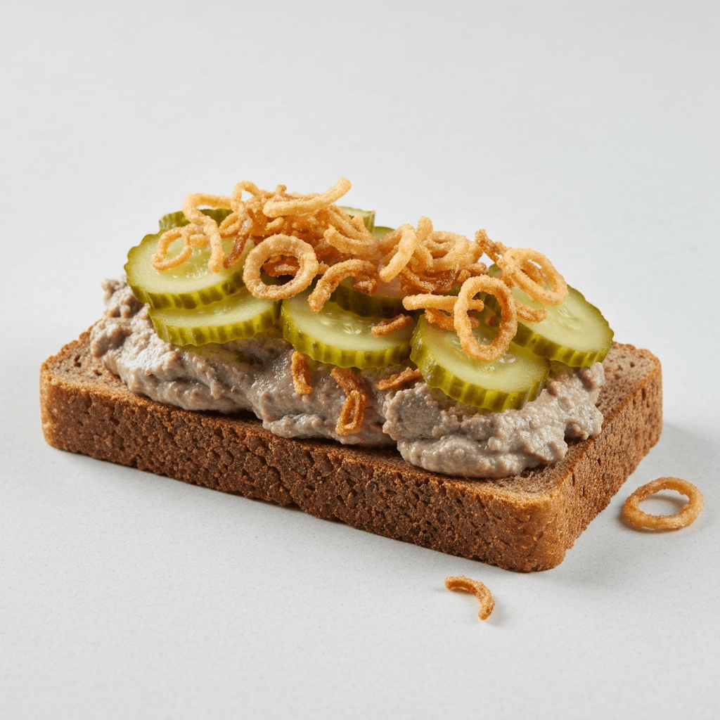 Open-Faced Rye Sandwich with Liver Paste, Pickled Cucumbers, and Crispy Fried Onions