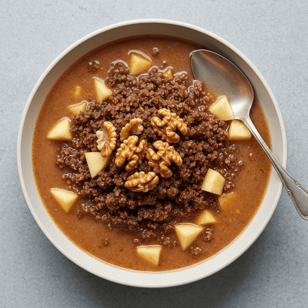 Dark Rye & Apple Breakfast Soup with Maple-Glazed Walnuts