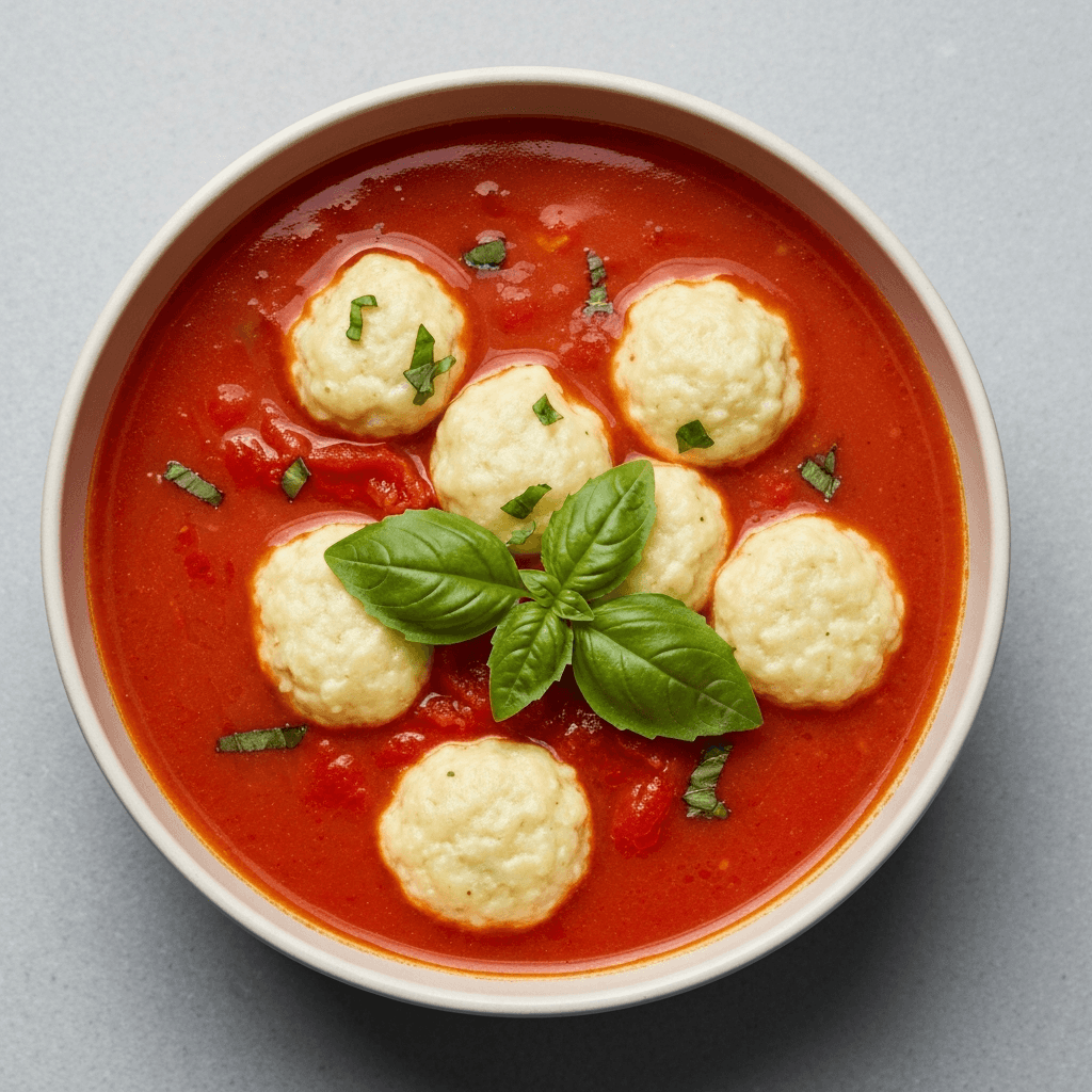 Tomato and Ricotta Gnudi Soup with Basil