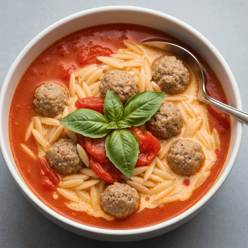 Creamy Tomato and Basil Soup with Mini Meatball Orzo
