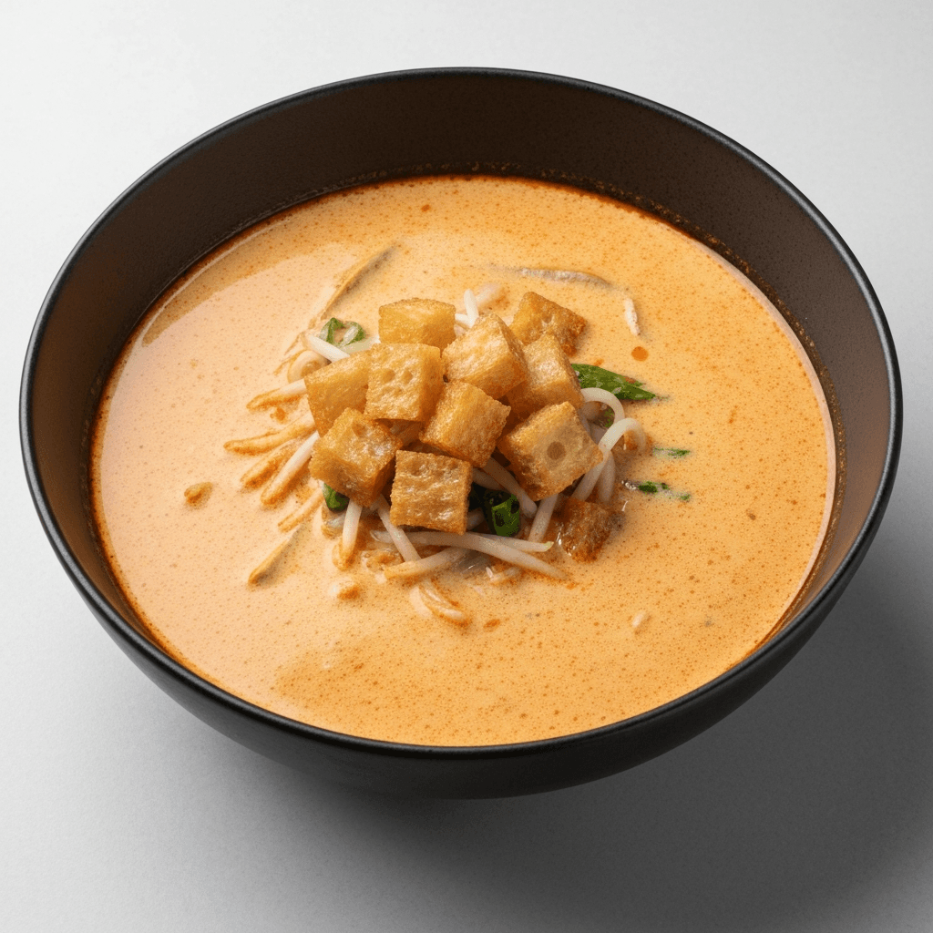 Sambal Seafood Bisque Laksa with Crispy Roti John Topping