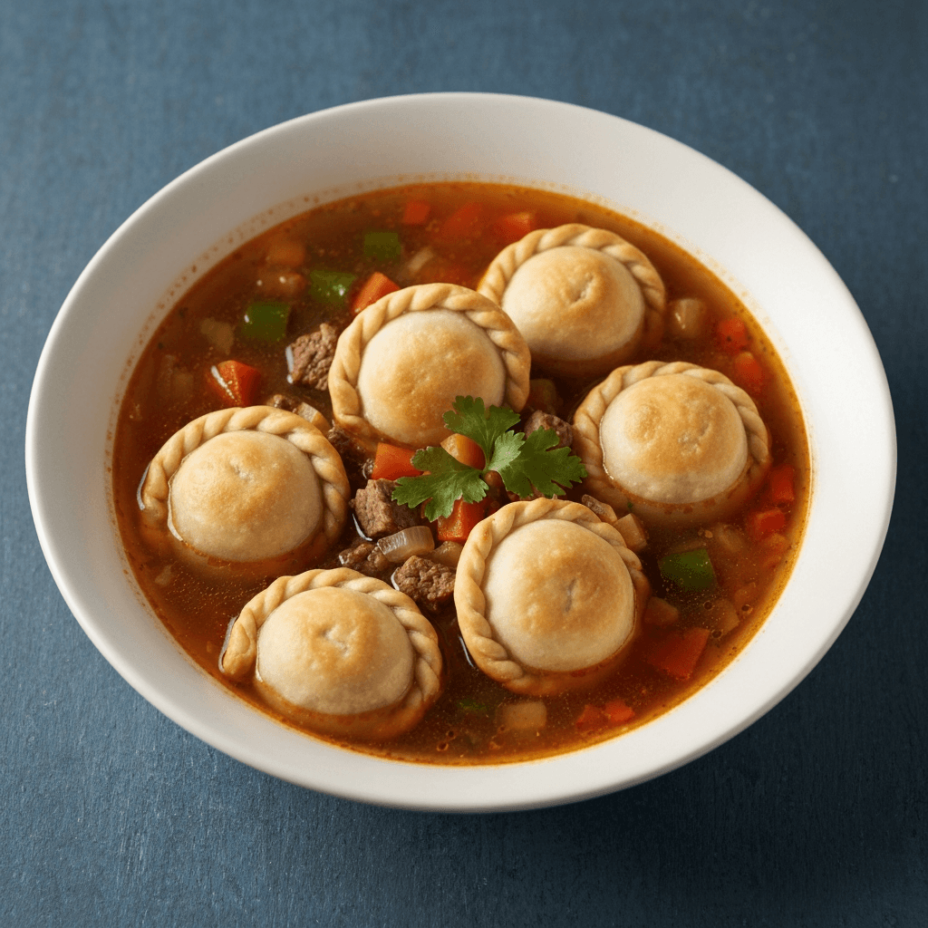 Mini Empanada Soup with Beef Broth and Vegetables