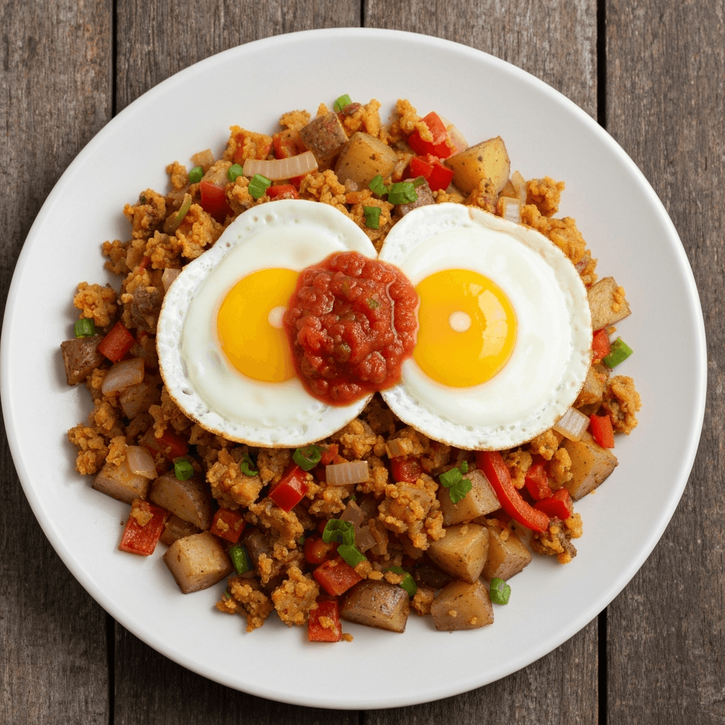Tamale Hash with Fried Eggs and Salsa
