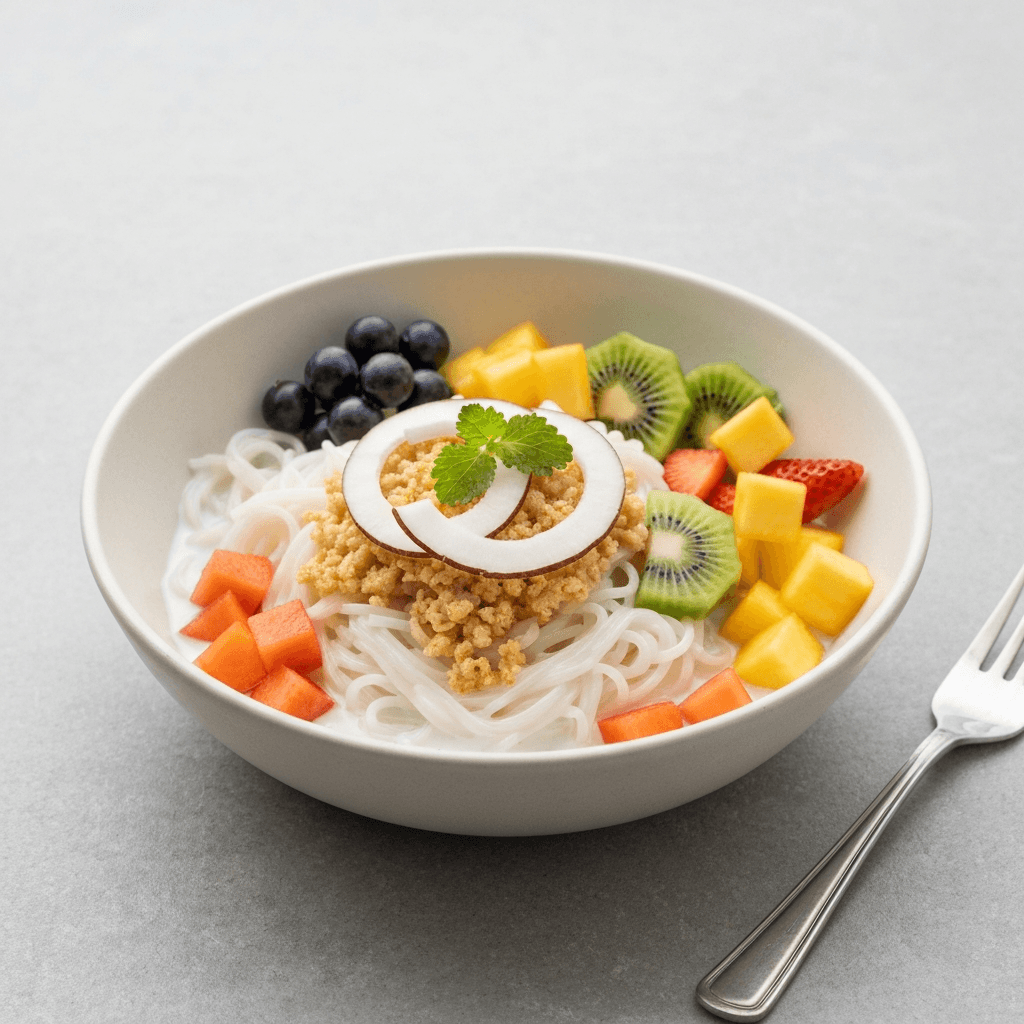 Thai Noodle Breakfast Bowl with Coconut and Fruit