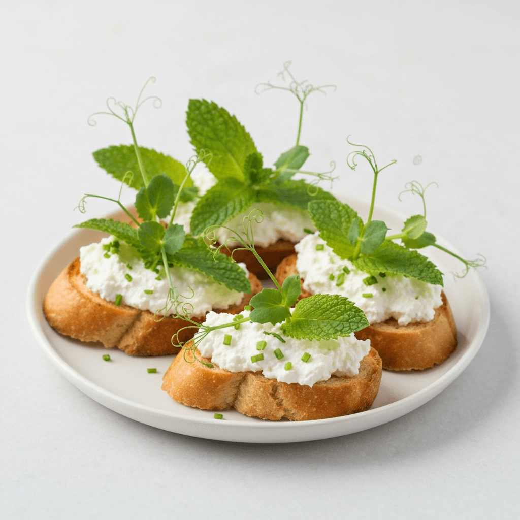 Whipped Ricotta Crostini with Mint and Pea Shoots