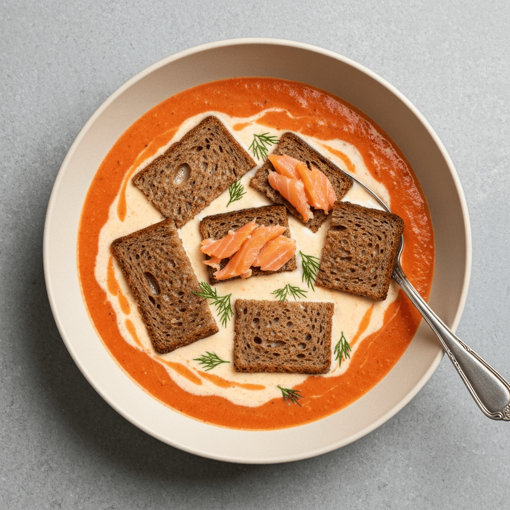 Rye Bread Grilled Cheese Soup with Smoked Salmon and Dill Havarti Croutons