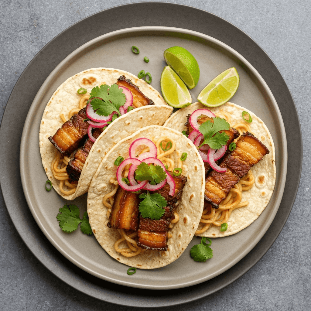 Pork Belly Ramen Tacos with Pickled Daikon