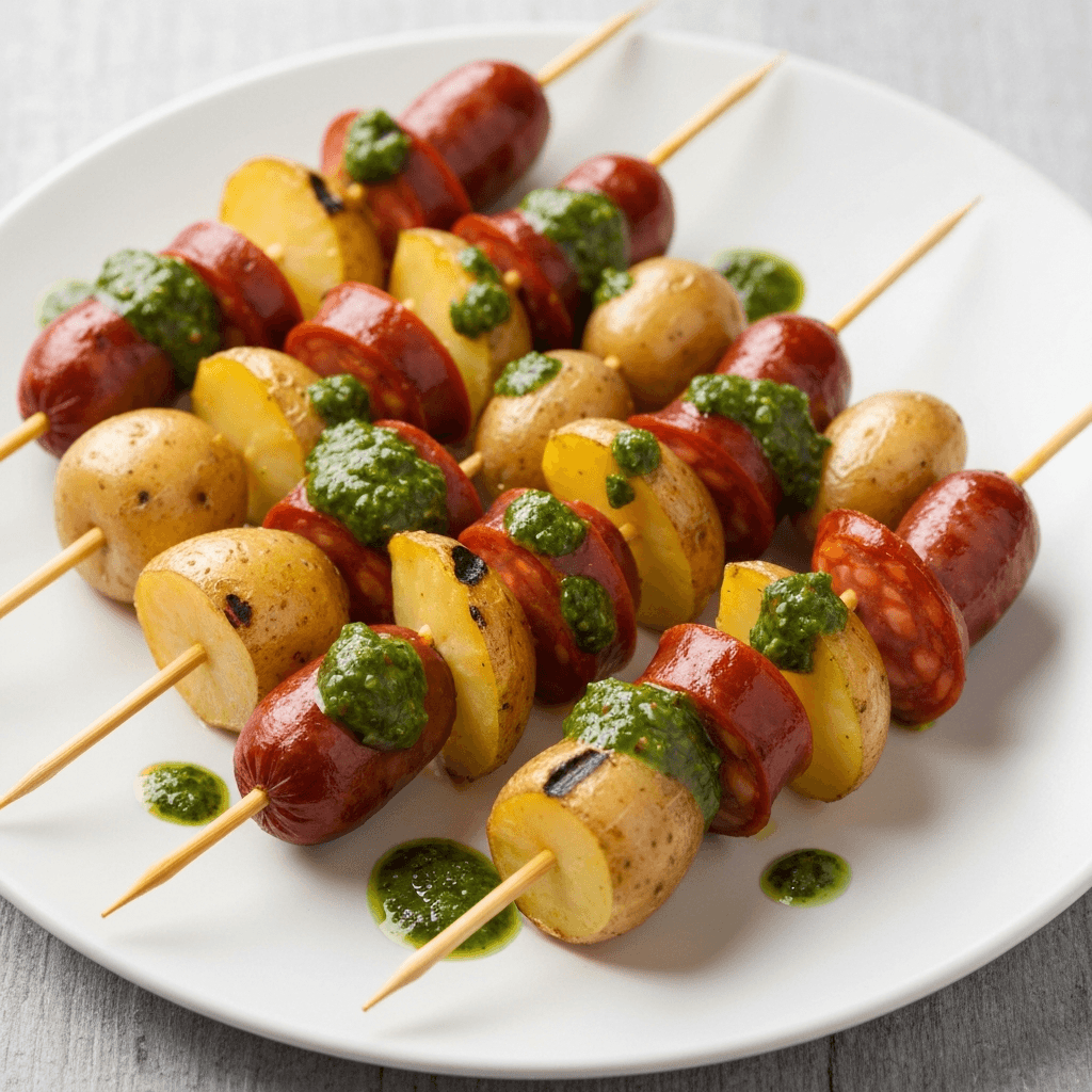 Chorizo and Potato Skewers with Chimichurri Sauce