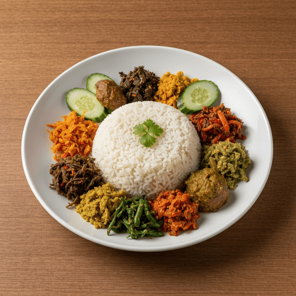 Nasi Campur (Mixed Rice Dish) with Various Side Dishes