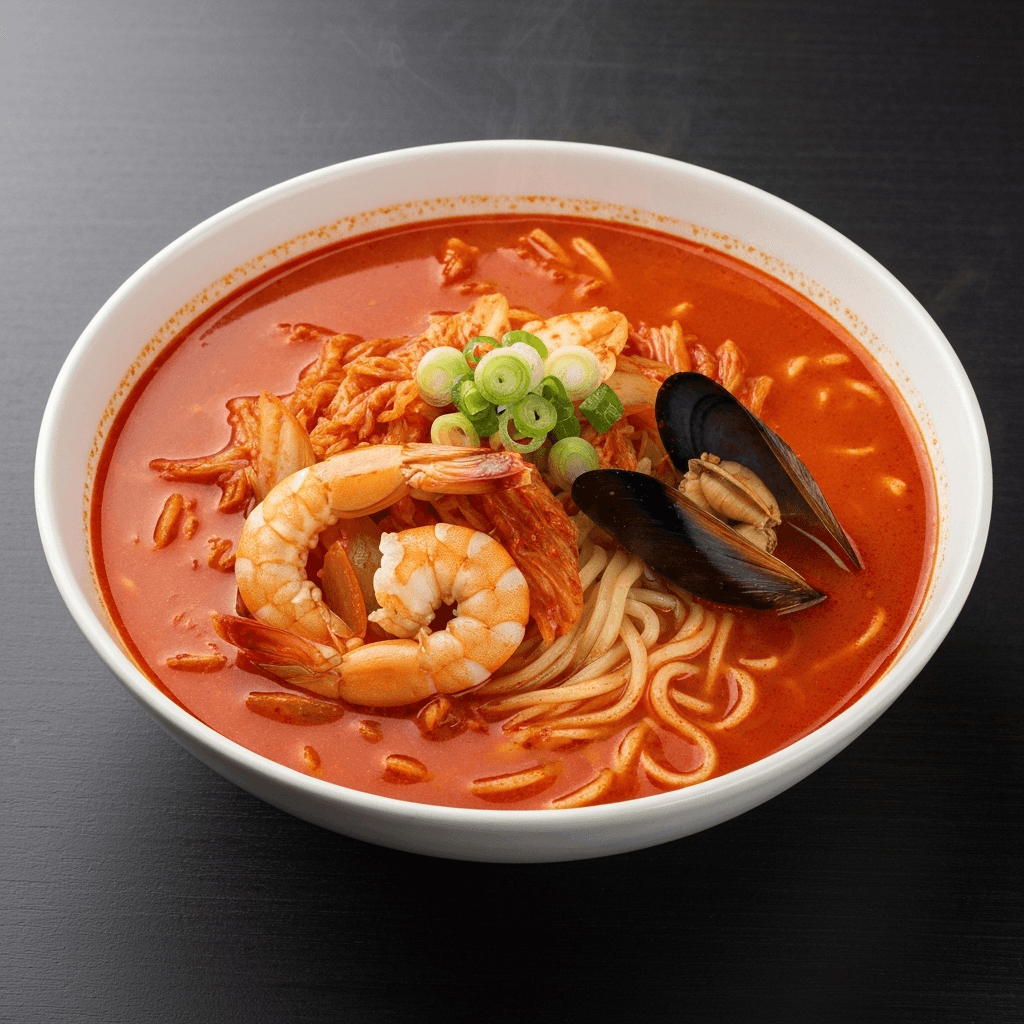 Spicy Seafood Jjamppong (Korean Noodle Soup) with Kimchi and Gochujang