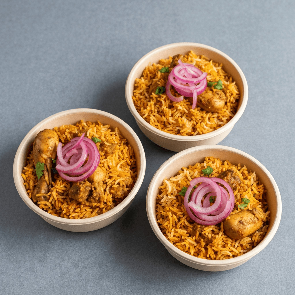 Chicken Biryani Bowls with Pickled Red Onions