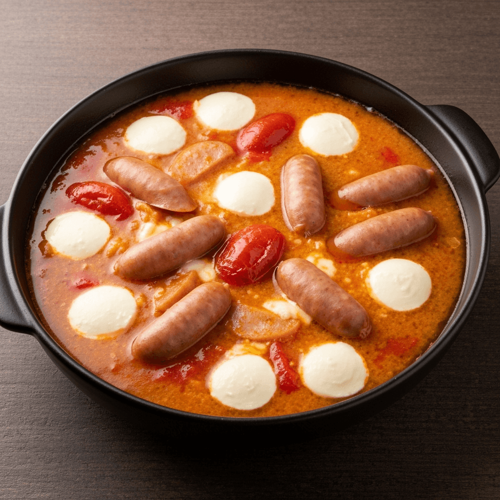 Tomato and Miso Nabe with Italian Sausage and Mozzarella