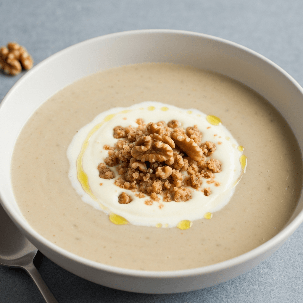 Creamy Gorgonzola and Pear Soup with Walnut Crumble