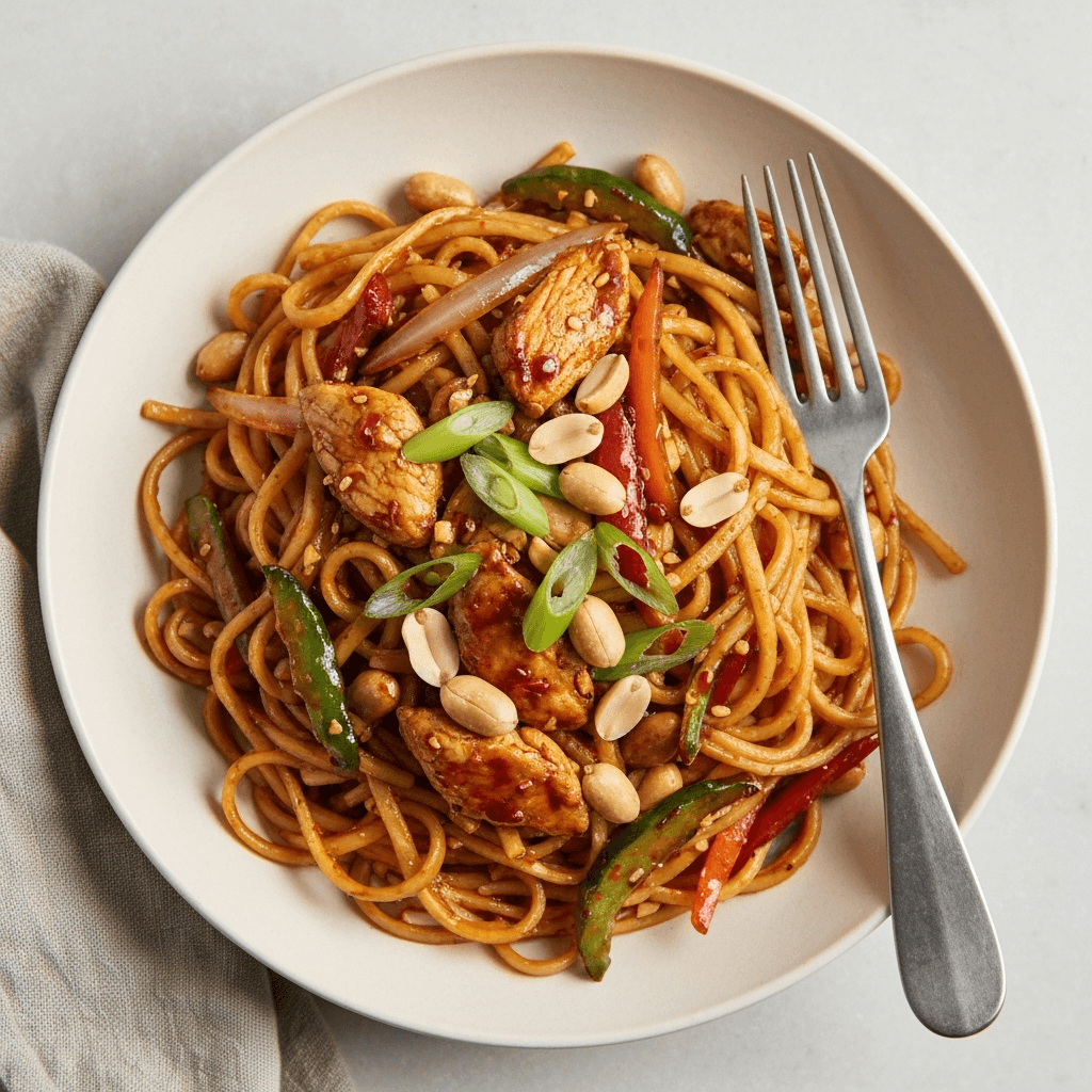 Kung Pao Chicken Noodles with Peanuts and Vegetables