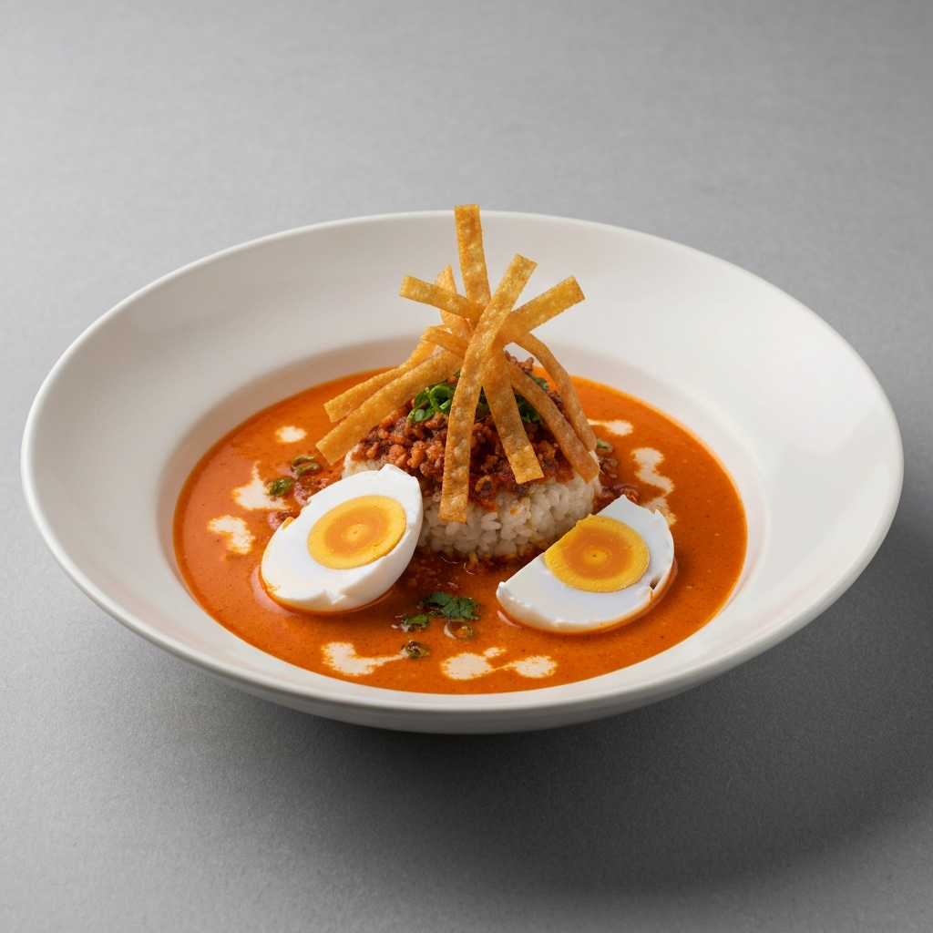 Salted Egg Yolk Sambal Seafood Bisque with Roti John Garnish