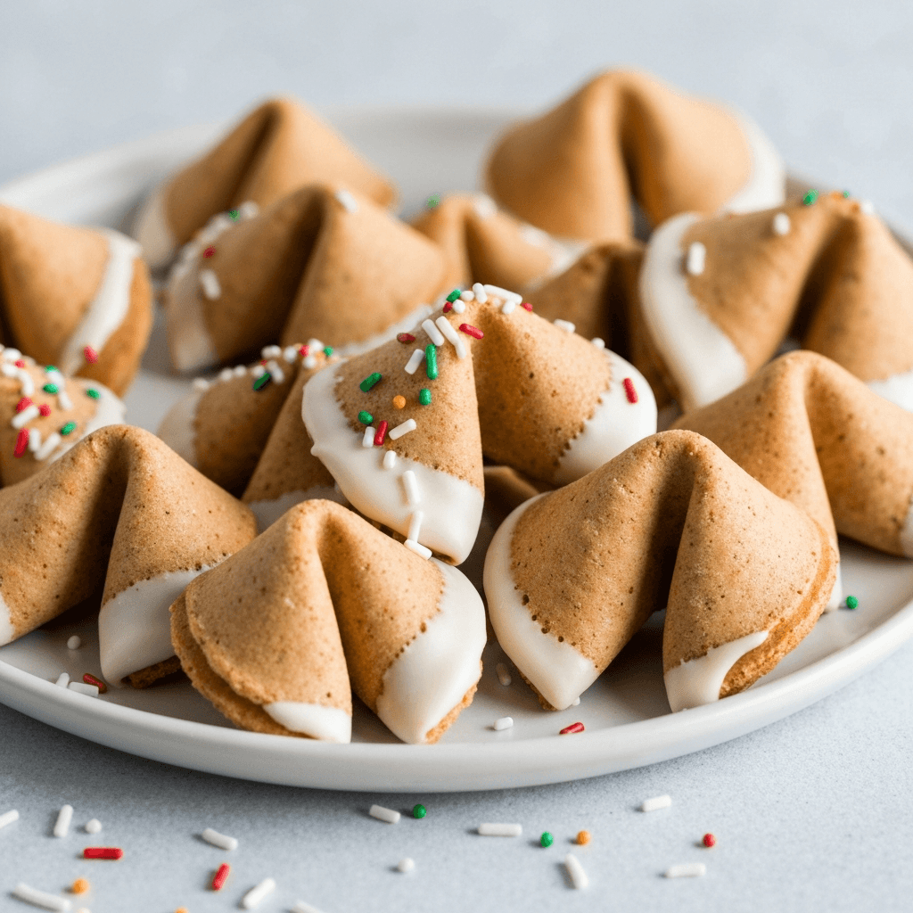 Gingerbread Fortune Cookies with White Chocolate Drizzle