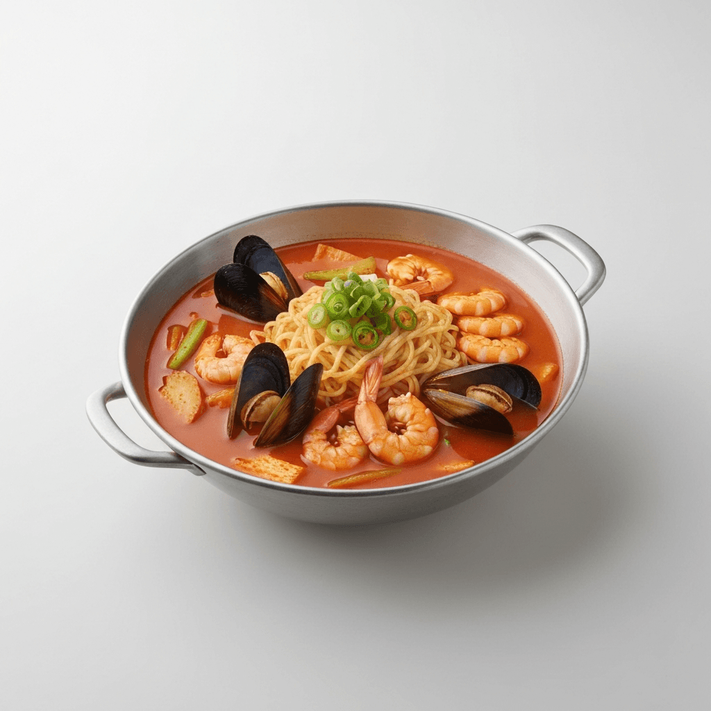 Spicy Korean Noodle Soup (Jjamppong) with Seafood and Vegetables
