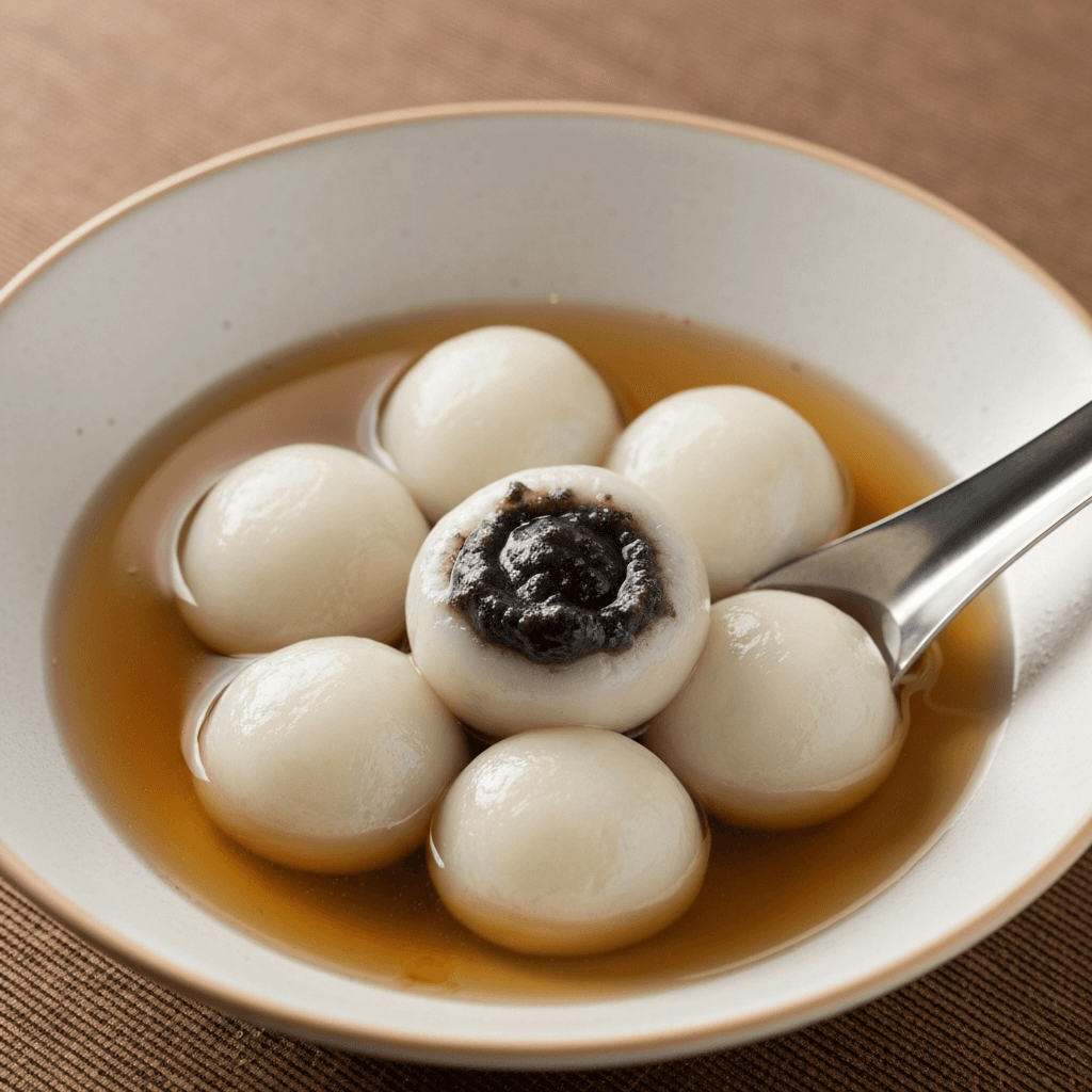 Sticky Rice Balls with Black Sesame Filling (Tangyuan) in Ginger Syrup