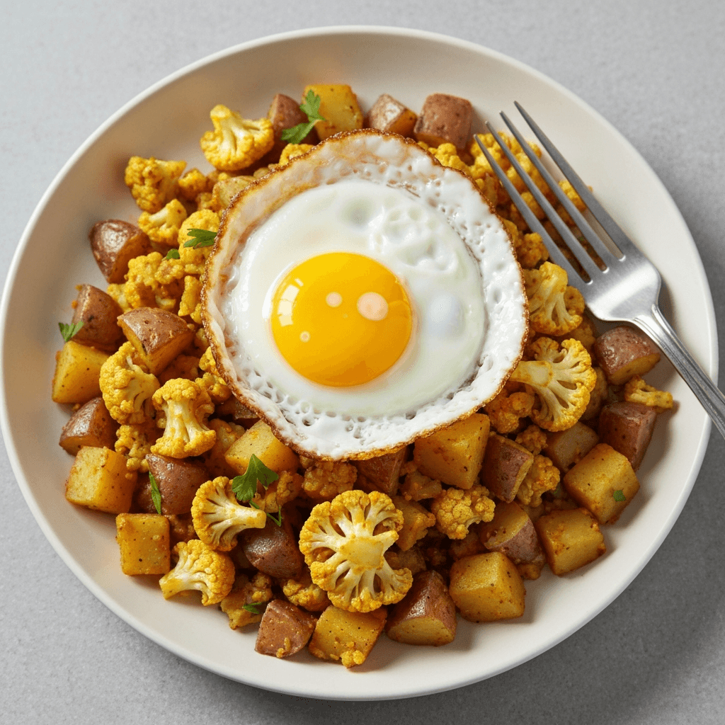 Curried Cauliflower and Potato Hash with Fried Egg