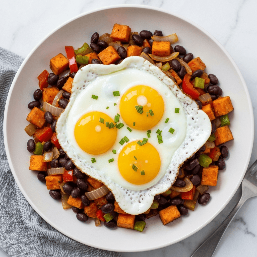 Black Bean and Sweet Potato Hash with Fried Eggs